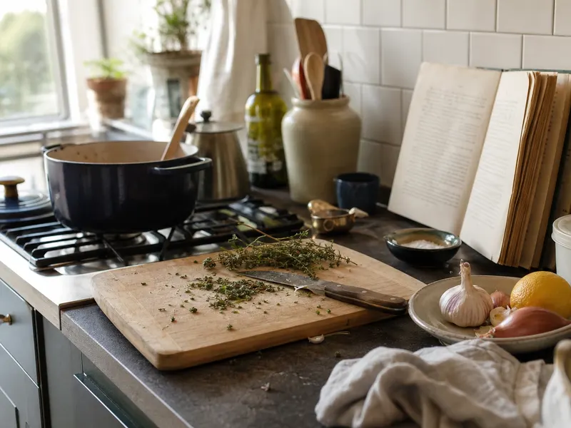 A kitchen worktop in daylight with a pan on the hob, a chopping board with chopped thyme, garlic and lemon, and an open recipe book.