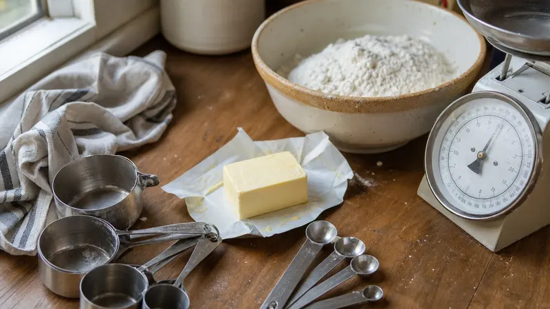 A white kitchen scale with a glass measuring jug of flour and a wooden spoon on a light wooden table, in daylight.