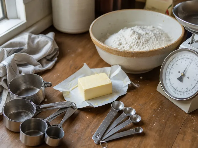 A white kitchen scale with a glass measuring jug of flour and a wooden spoon on a light wooden table, in daylight.