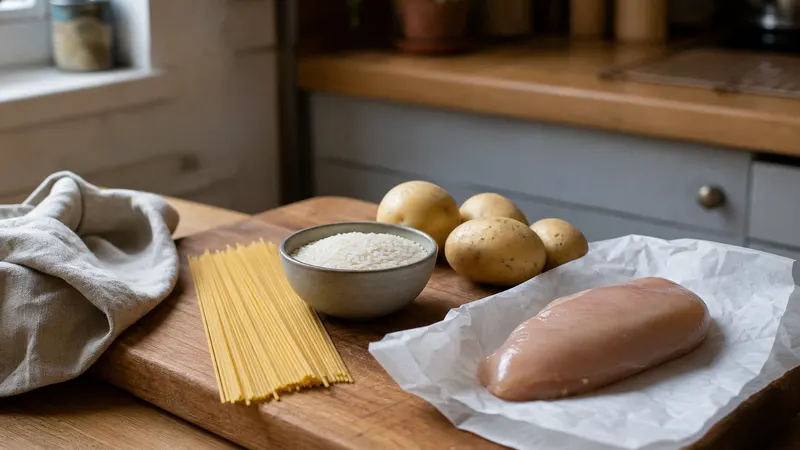 Kitchen scales on a wooden worktop with a bowl of uncooked penne, a small dish of rice and a few potatoes next to it, in daylight.
