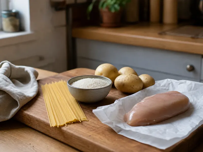 Kitchen scales on a wooden worktop with a bowl of uncooked penne, a small dish of rice and a few potatoes next to it, in daylight.