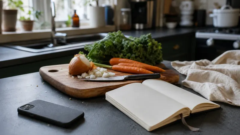 A phone with a dark screen on a wooden kitchen table, next to a chopping board with half an onion and an open recipe notebook, in soft daylight.
