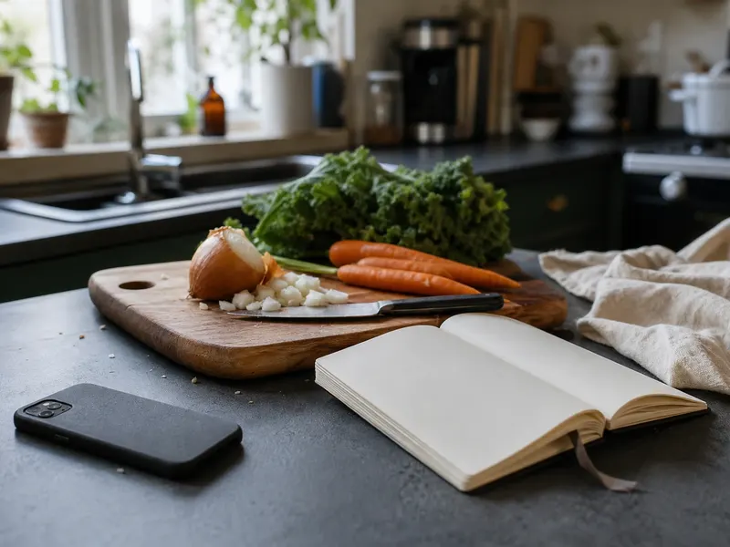 A phone with a dark screen on a wooden kitchen table, next to a chopping board with half an onion and an open recipe notebook, in soft daylight.