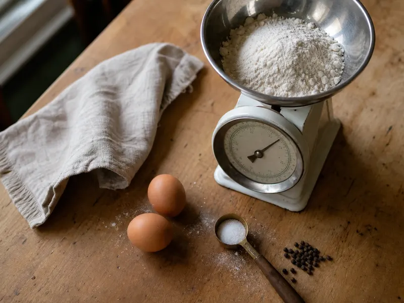 A wooden chopping board on a kitchen table with two eggs, half an onion, a salt cellar and a measuring jug, in daylight.