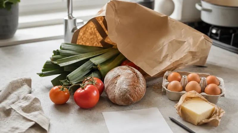 An empty notepad with a pencil on a wooden kitchen table, next to a wicker basket with a leek, tomatoes and a loaf of bread, in daylight.