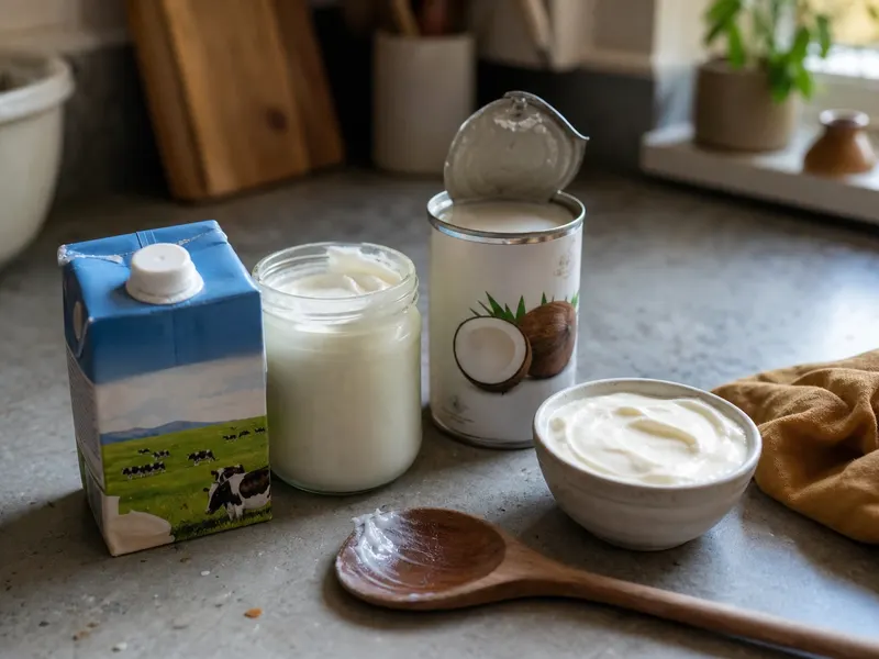 A wooden kitchen table with a bowl of yoghurt, a block of butter, half a lemon and a bunch of fresh parsley next to an open recipe notebook, in daylight.