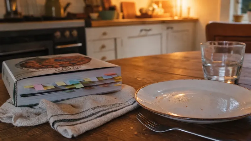 A phone with a dark screen on a wooden kitchen table next to a chopping board with a bunch of parsley, with a pan on the hob behind it, in warm evening light.