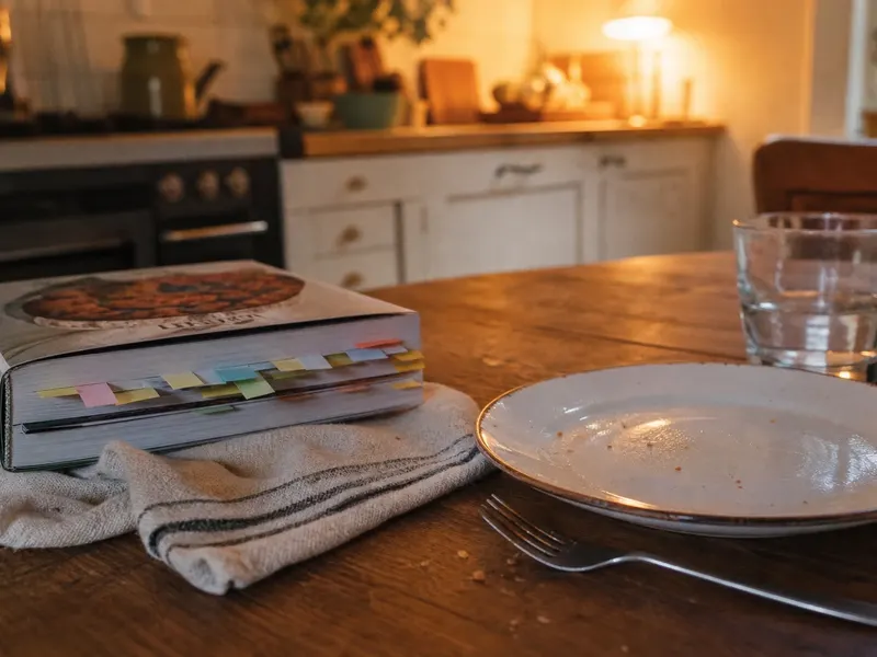 A phone with a dark screen on a wooden kitchen table next to a chopping board with a bunch of parsley, with a pan on the hob behind it, in warm evening light.