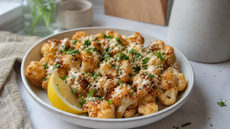 A plate of roasted cauliflower florets with tahini sauce and parsley over them, with two pitta breads beside it, on a wooden table.