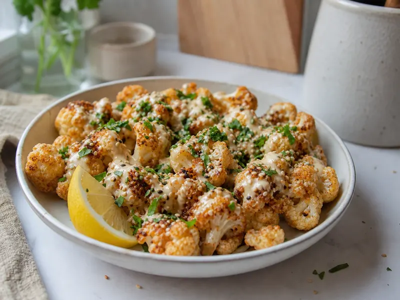A plate of roasted cauliflower florets with tahini sauce and parsley over them, with two pitta breads beside it, on a wooden table.