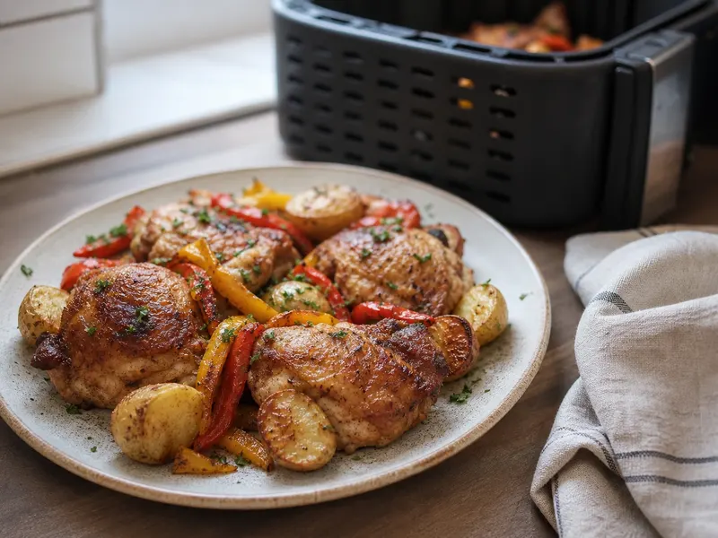 A plate of roasted chicken thighs, halved baby potatoes and strips of red and yellow bell pepper with parsley, on a wooden table with an air fryer basket behind it.