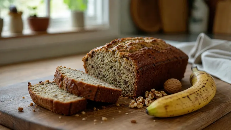 A banana bread loaf on a wooden board with a few slices cut off and pieces of walnut visible inside, on a wooden table.