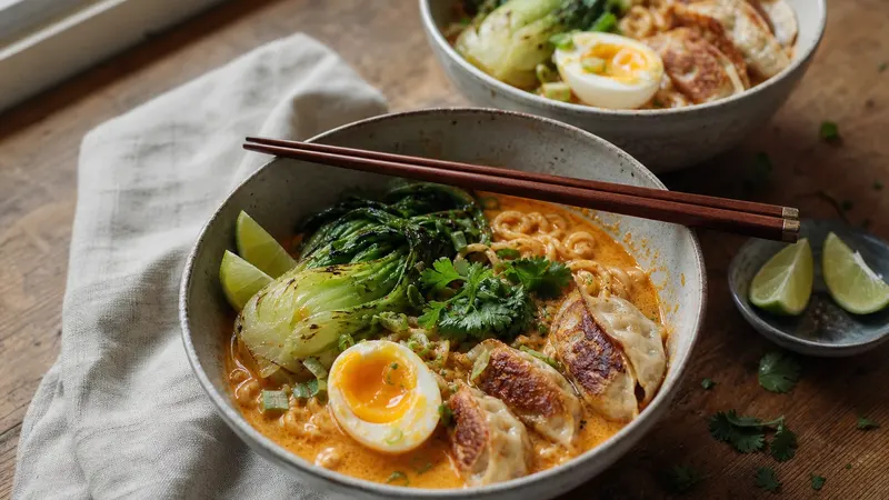 Two bowls of red curry ramen with dumplings, pak choi, a halved soft egg and coriander on a wooden table.