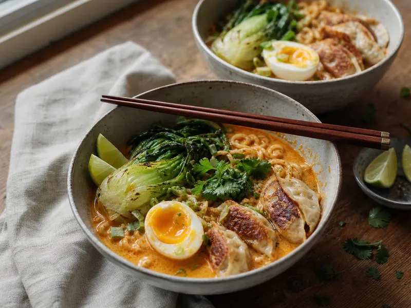 Two bowls of red curry ramen with dumplings, pak choi, a halved soft egg and coriander on a wooden table.