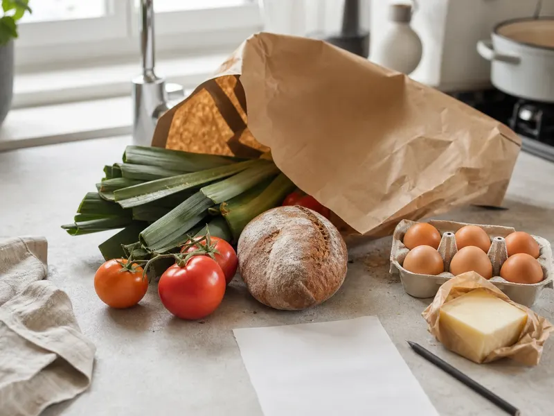 Een leeg notitieblok met een potlood op een houten keukentafel, naast een rieten mandje met prei, tomaten en een brood, in daglicht.