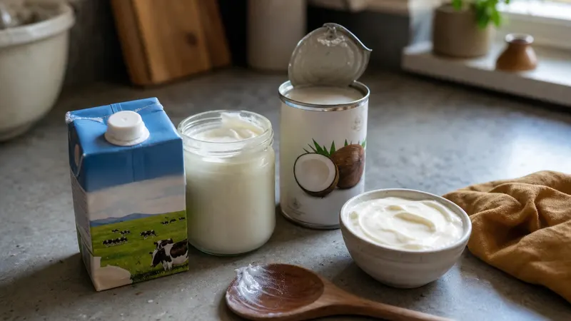 Een houten keukentafel met een kom yoghurt, een pakje boter, een halve citroen en een bosje verse peterselie naast een opengeslagen kookschrift, in daglicht.