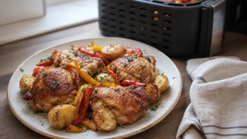 Een bord met gebakken kippendijen, halve krieltjes en repen rode en gele paprika met peterselie, op een houten tafel met een airfryermand erachter.
