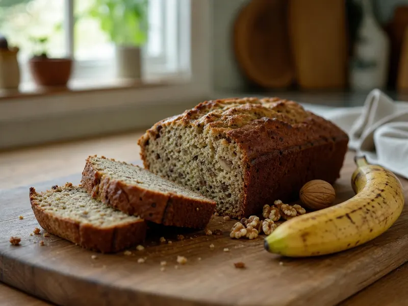 Een bananenbrood op een houten plank, met een paar plakken eraf gesneden en stukjes walnoot zichtbaar in het brood, op een houten tafel.