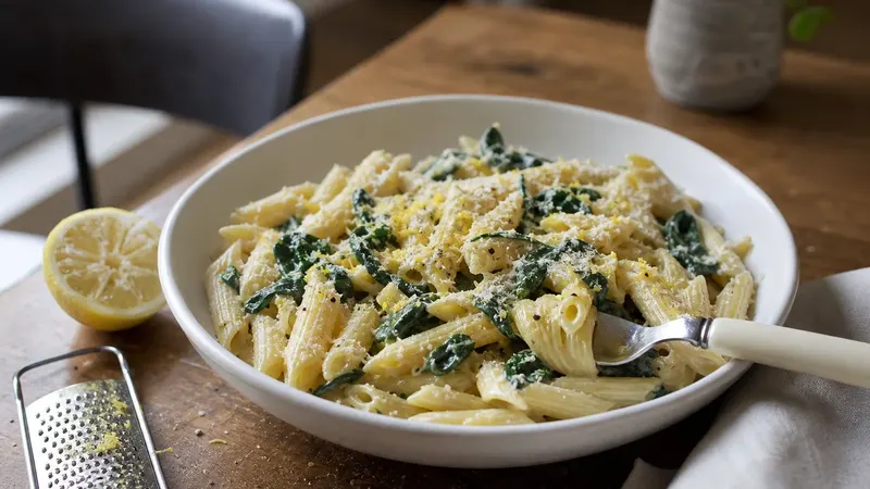 Een witte kom penne met spinazie in een romige saus, bestrooid met geraspte kaas en citroenrasp, op een houten tafel naast een halve citroen en een rasp.