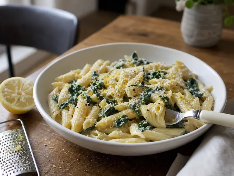 Een witte kom penne met spinazie in een romige saus, bestrooid met geraspte kaas en citroenrasp, op een houten tafel naast een halve citroen en een rasp.