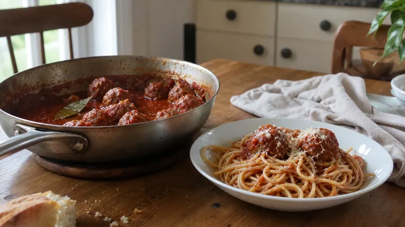 Een diep bord spaghetti met gehaktballetjes in tomatensaus en geraspte parmezaanse kaas erover, met een vork ernaast op een houten tafel.