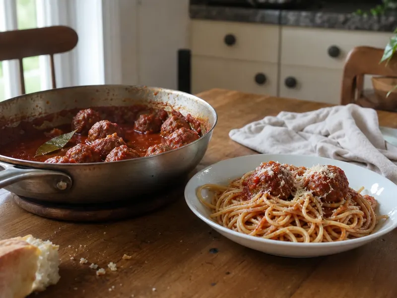 Een diep bord spaghetti met gehaktballetjes in tomatensaus en geraspte parmezaanse kaas erover, met een vork ernaast op een houten tafel.