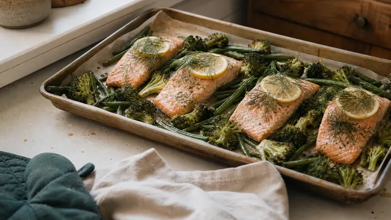 Een bakplaat met vier stukken gebakken zalm met citroenplakjes en dille, tussen geroosterde broccoli en sperziebonen.