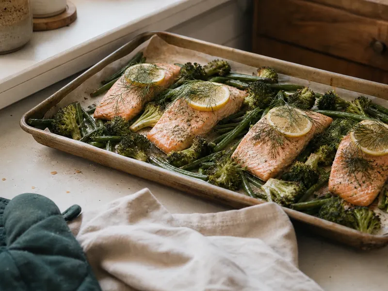 Een bakplaat met vier stukken gebakken zalm met citroenplakjes en dille, tussen geroosterde broccoli en sperziebonen.