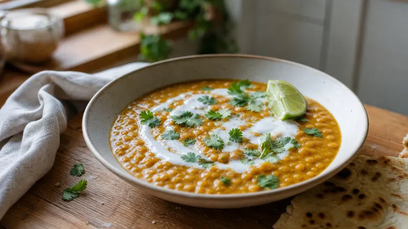 Een kom goudgele dahl van rode linzen met rijst en verse koriander erover, met een lepel ernaast op een houten tafel.