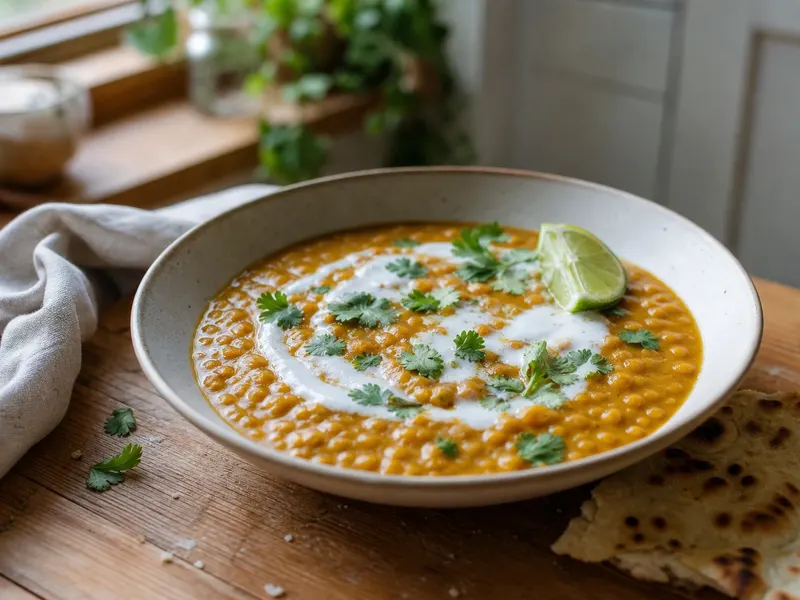 Een kom goudgele dahl van rode linzen met rijst en verse koriander erover, met een lepel ernaast op een houten tafel.