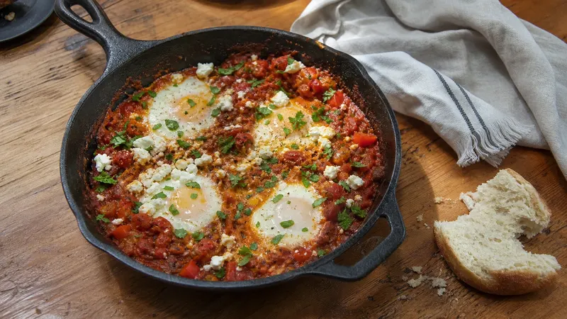 Een gietijzeren koekenpan met vier eieren in tomatensaus met stukjes paprika, bestrooid met verkruimelde feta en peterselie, op een houten tafel met een stuk brood ernaast.