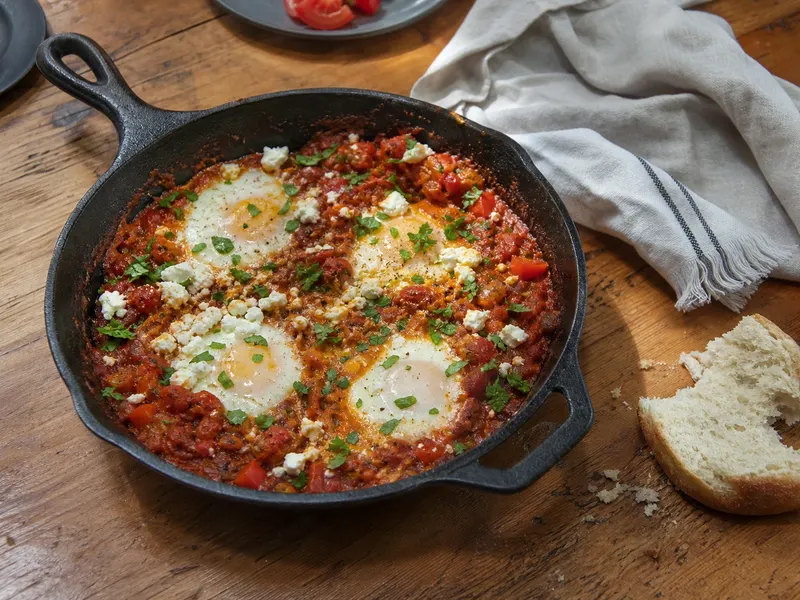 Een gietijzeren koekenpan met vier eieren in tomatensaus met stukjes paprika, bestrooid met verkruimelde feta en peterselie, op een houten tafel met een stuk brood ernaast.